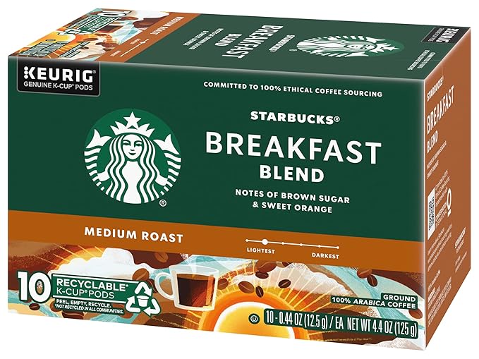 Starbucks Coffee K-Cup Pods Breakfast Blend Medium Roast Ground Coffee K-Cup Pods for Keurig Brewing System 10 CT K-Cup Pods Per Box (Pack of 3 Boxes)