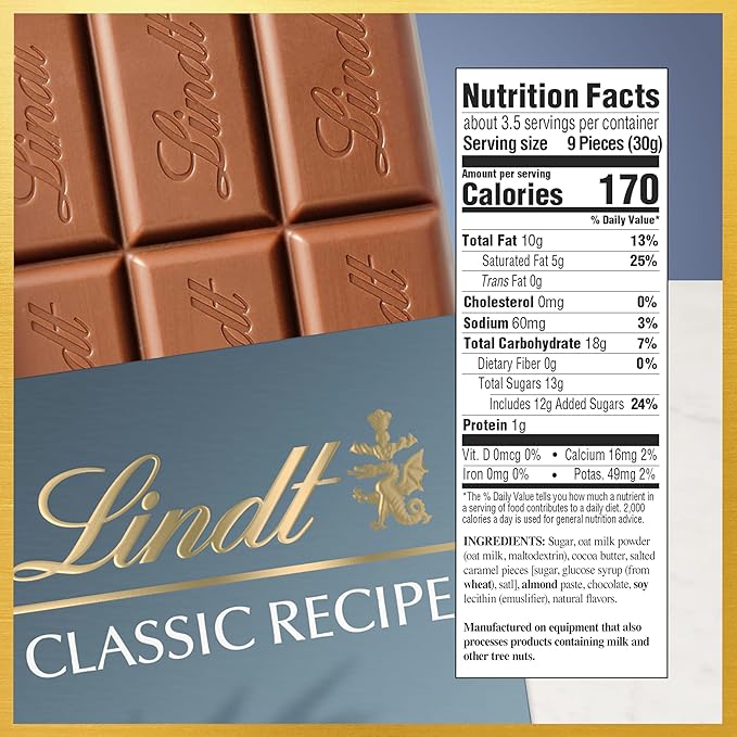 Lindt CLASSIC RECIPE Non-Dairy OatMilk Salted Caramel Chocolate Candy Bar 10 Pack 3.5 oz.
