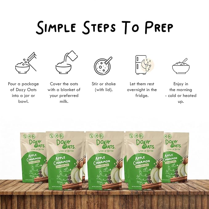 Dozy Oats Overnight Oatmeal Packets Apple Cinnamon Multipack with Rolled Oats Chia Seeds Date Powder and Dried Fruit. Gluten-Free Natural Source of Protein and Fiber 8-Pack and Jar