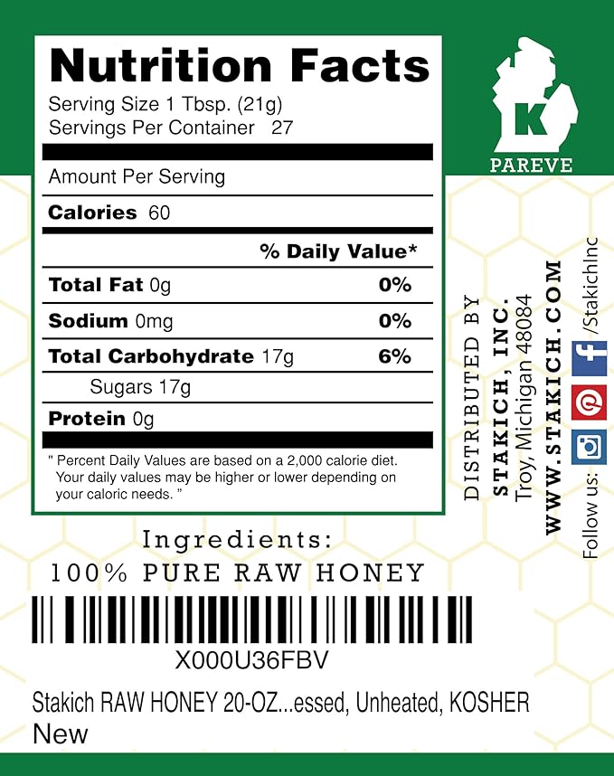 Stakich RAW HONEY - 100% Pure Unprocessed Unheated KOSHER (20 Ounce)