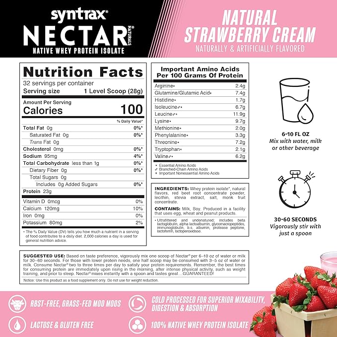 Syntrax Nectar Naturals All Natural Whey Protein Isolate Smooth &amp Juicy Natural Strawberry Cream 2 lbs.