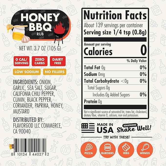 Honey BBQ Rub Mix 2 Bottles by Flavor God - Premium All Natural &amp Healthy Spice Blend for Grilling Chicken Beef Chili Seafood Vegetables &amp Salad - Kosher Gluten-Free Dairy-Free Steak R