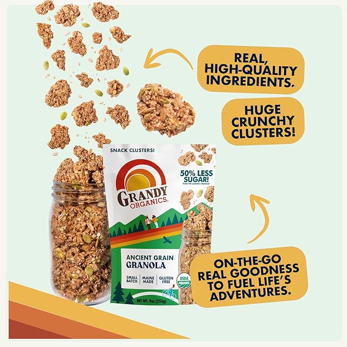 Grandy Organics Ancient Grain Granola - 6g Protein Snackable Granola Clusters - Whole Grain Low Sugar Gluten Free Non-GMO Certified Organic Healthy Snacks - Pack of 6