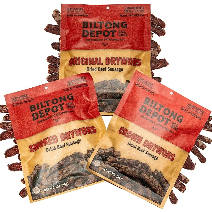 Biltong Depot Drywors Variety Pack – Original Smoked &amp Crown | 3oz Bags (3 Pack) | Air-Dried Beef Snack Sticks | High Protein | Keto &amp Paleo Friendly | Zero Sugar | Gluten Free