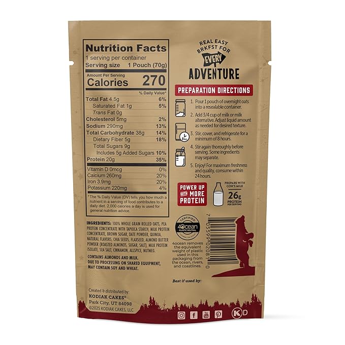 Kodiak Cakes Protein Overnight Oats Cookie Butter 9 pouches