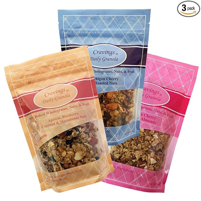 Cravings Daily Granola Variety- 3 Pack- Michigan Cherry &amp Roasted Nuts Apricot Blueberry Coconut &amp Macadamia Nut and Michigan Cherry &amp Sliced Almond