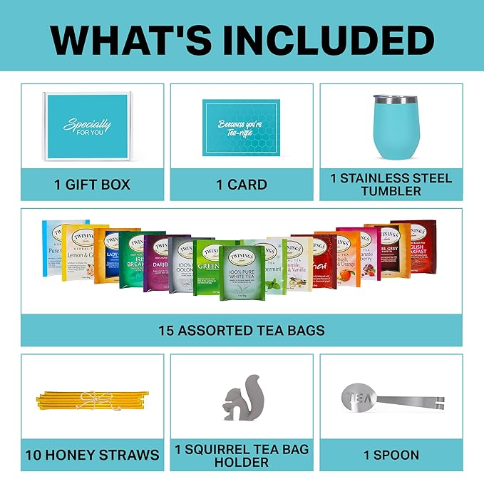 Modern Elegance Tea Tumbler Gift Set – Includes Tea Bag Holder Spoon Honey Straw 15 Assorted Flavor Blends &amp Hot &amp Cold 12oz Insulated Tumbler – Ideal for Holiday Gift for Tea Lovers – Teal