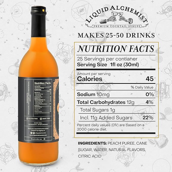 Liquid Alchemist Peach Syrup for Drinks - Real Ingredients Make the Perfect Summer Cocktail or Margarita Mix - Our Peach Flavoring Syrup is Non-GMO &amp Vegan (25.4 oz)