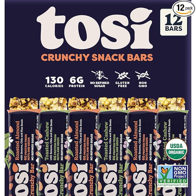 Tosi Almond and Cashew Protein Bars Combo Plant Based with Nuts Gluten-Free Crunchy Snacks Vegan Organic Flax &amp Chia Seeds Soy-Free Omega 3s 5G Protein 1 oz 12-Pack