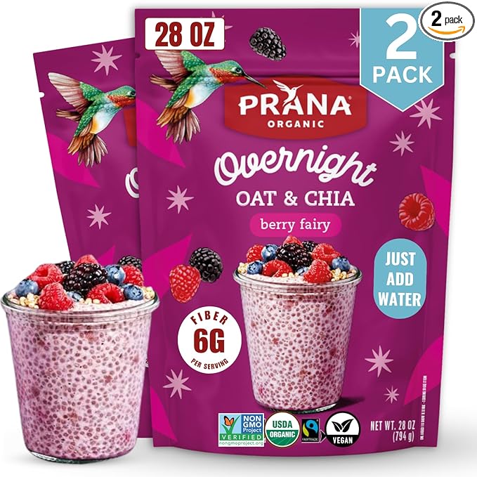 Prana Organic Overnight Chia with Oats Berry Fairy | Rich in Fiber &amp Protein Vegan Non-GMO | Ready to Eat Breakfast - 28 oz Bags - 2 Pack