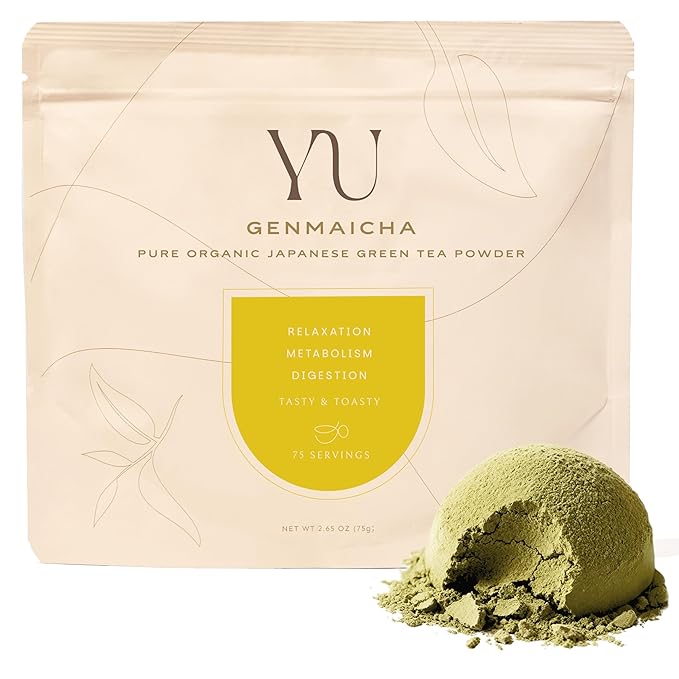 Yu Tea Organic Genmaicha Green Tea Powder 75 Servings | Japanese Green Tea &amp Roasted Brown Rice | Low Caffeine &amp Unsweetened | Relaxation Antioxidants &amp Digestion | Resealable Pouch 2.6