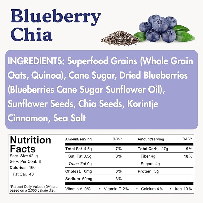 Earnest Eats Superfood Oatmeal – Blueberry Chia Cinnamon – Vegan Gluten Free 5g Plant Protein 4g Fiber No Added Sugar 48 Servings Total (6 Pack)