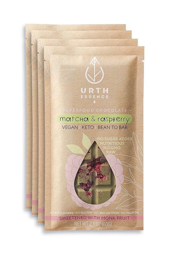 Urth Essence Sugar Free Vegan Chocolate Bars | Keto &amp Dairy Free | Healthy Vegan Gifts | Organic White Chocolate Matcha Raspberry