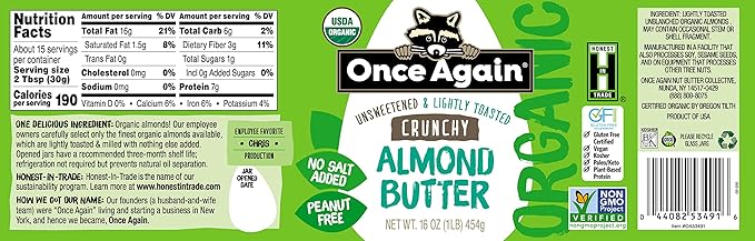 Once Again Organic Crunchy Almond Butter 16oz - Lightly Toasted - Salt Free Unsweetened - USDA Organic Gluten Free Certified Peanut Free Vegan Kosher Paleo - Glass Jar - 12 Pack