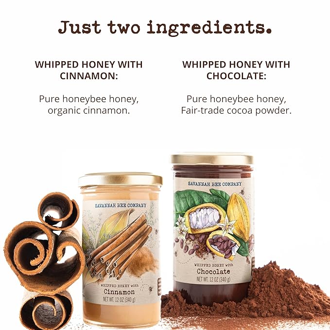 Whipped Honey Gift Set by Savannah Bee - Creamy Smooth Spreadable and absolutely Delicious - 100% Natural and Pure Honey - 12 Oz (Cinnamon and Chocolate)