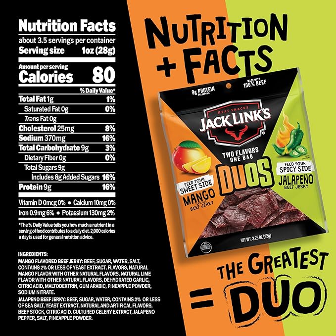 Jack Link's DUOs Jalapeno and Mango Beef Jerky - (4 Pack) 3.25 oz Bags - Ready to Eat Protein Snacks - 9g Protein per Serving - Made with 100% Real Beef
