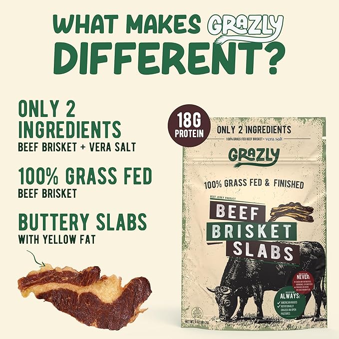 Grazly Beef Brisket Slab – Grass-Fed &amp Finished | Only Meat &amp Salt Soft &amp Buttery Texture | High-Protein Carnivore Snack | Made from 1lb Raw Brisket | 5oz On-the-Go Snack Pack