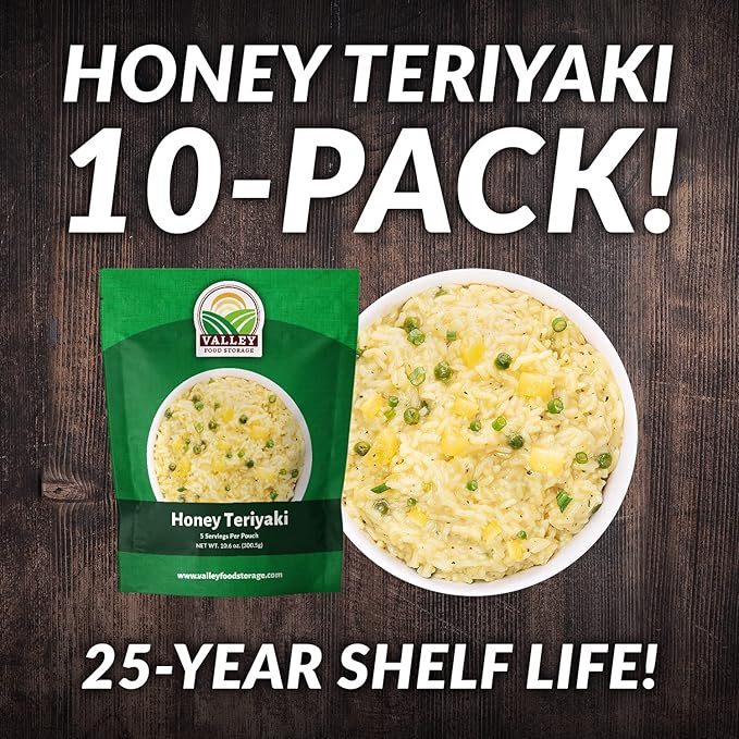 Valley Food Storage Honey Teriyaki Rice | 10-Bag Bucket 50 Servings | Non-GMO Premium Emergency Food Supply 25 Year Shelf Life | Survival Meal Kits Prepper Food &amp Off-Grid Living Supplies Pack