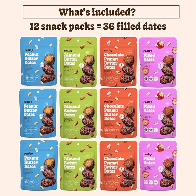 Realsy Pitted &amp Stuffed Medjool Dates Organic Dates with No Sugar Added Gluten-Free Vegan Good Source of Fiber Low Glycemic Index All Natural Healthy Snack (Variety 12 Pack)