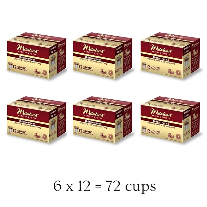 Mitalena Artisan Coffee: Golden Pecan Low Acid Coffee Pods - Medium Roast Organic Vanilla Pecan Flavored - 72 Brew Cups