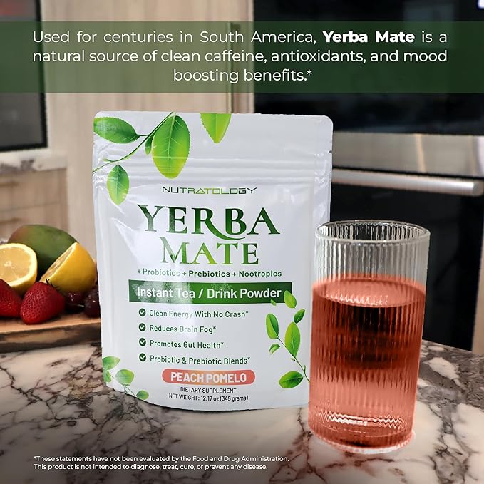 Yerba Mate Instant Tea Powder - 3-In-1 Super Drink - Clean Energy - Formulated With Nootropics To Boost Focus &amp Clarity - With Prebiotics &amp Probiotics To Boost Gut Health | Peach Pomelo - 30 S