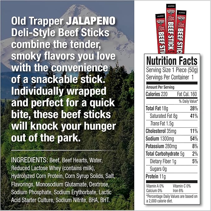 Old Trapper Deli-Style Sausage Sticks Jalapeño Flavor 1.75-Ounce Individually Wrapped Packages 11 Grams of Protein and Zero Grams of Sugar per Serving (Pack of 26)