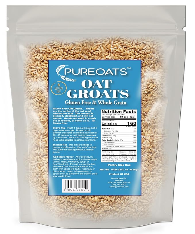 PureOats Gluten Free Oat Groat Oats Whole Grain 15 lb Pantry Size Bag 100% Whole Grain Vegan Allergen Free for Healthy Breakfast and More