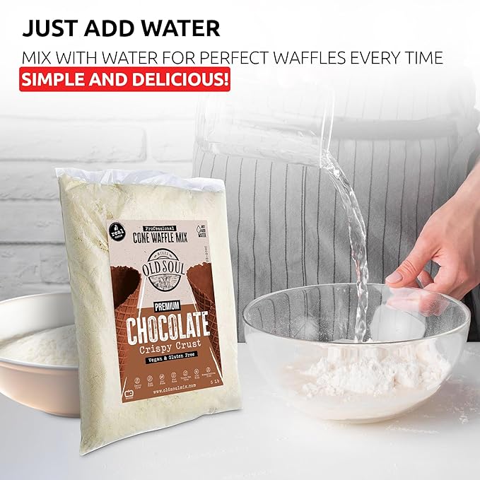 OLDSOUL Professional Cone Waffle Mix | GLUTEN FREE &amp VEGAN | 30 Lbs | Chocolate Flavor | Batter Mix | 672 Cone Waffles (30 Lbs Gluten Free &amp Vegan)