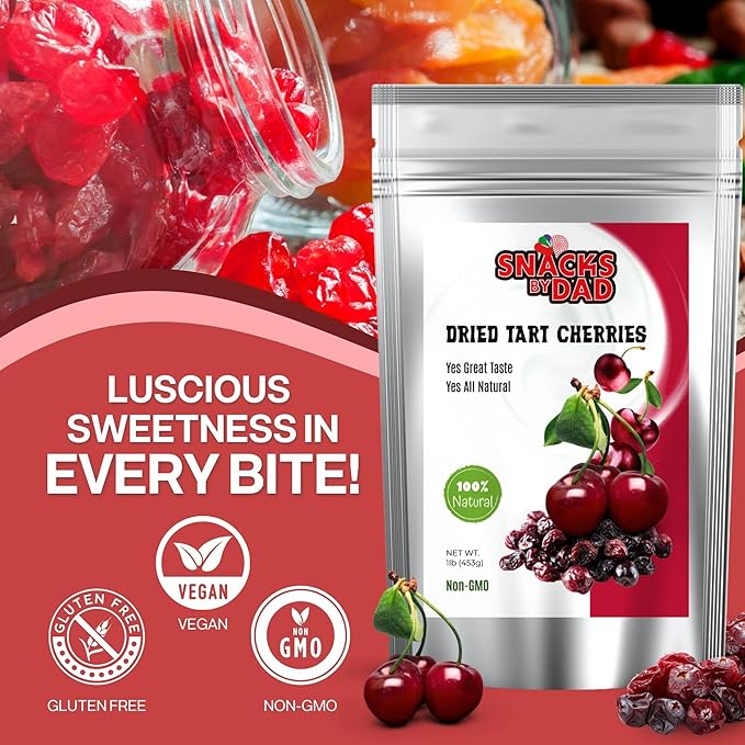 Dried Tart Cherries by Snacks by Dad | 1lb Natural Fruit Snack | Non-GMO No Preservatives | Great for Trail Mix Smoothies Baking and Gifting