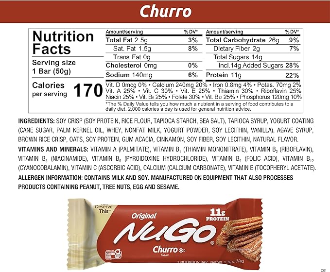 NuGo Original Variety Vanilla Yogurt 15 bars &amp NEW! Churro 15 bars 11g Protein Gluten Free 30 Count