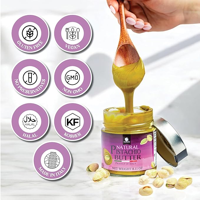 Gourmanity Pure Italian Pistachio Butter Spread 100% Nut Deliciousness Gourmet Pistachio Paste For Sweet And Savory Dishes No Added Sugar GF Vegan Keto and Paleo Friendly Kosher And Halal Certi