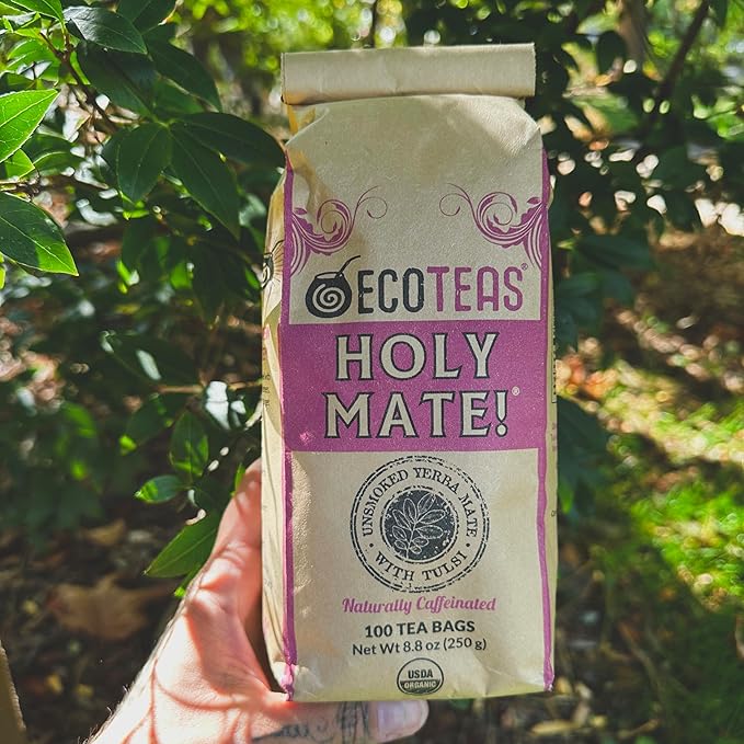 ECOTEAS Holy Mate! Organic Yerba Mate Tea Bags with Tulsi &amp Mint – Natural Energy Detox Herbal Tea Stress Support – Kosher Non-GMO Gluten-Free - 100 Bulk Bags 8.8 oz (Pack of 1)