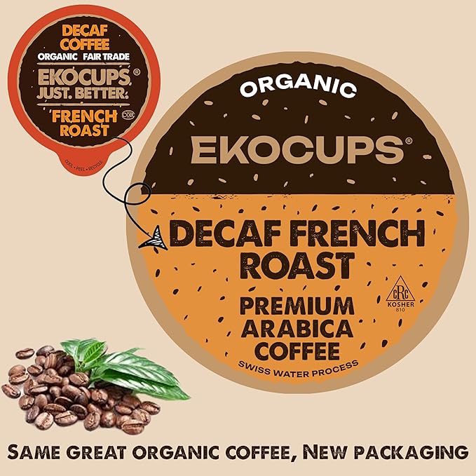 EKOCUPS Organic Swiss Water Decaf French Roast Coffee Pods Extra 30% More Coffee Per Cup Artisan Fair Trade Dark Roast for Keurig K Cup Machines Recyclable Pods 40 Count