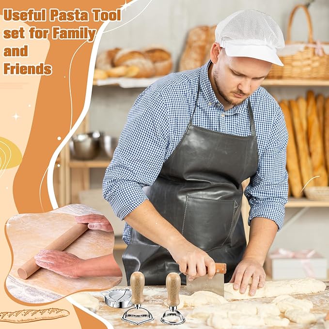 11 Pcs Pasta Making Tools Kit - Pasta Drying Rack Gnocchi BoardPasta Cutter Ravioli Stamps Wood Threaded Pasta Roller Pin Set Noodle and Dumplings Maker