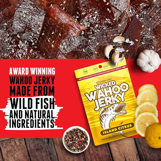 Island Citrus Wahoo Ono Fish Jerky - Zesty Umami Flavor - Artisan Crafted - Gourmet Dried Fish Strips Rich in Omega-3 &amp Protein - Low-Calorie Seafood Snack with Low Sodium &amp Sugar - 2 Ounce (3