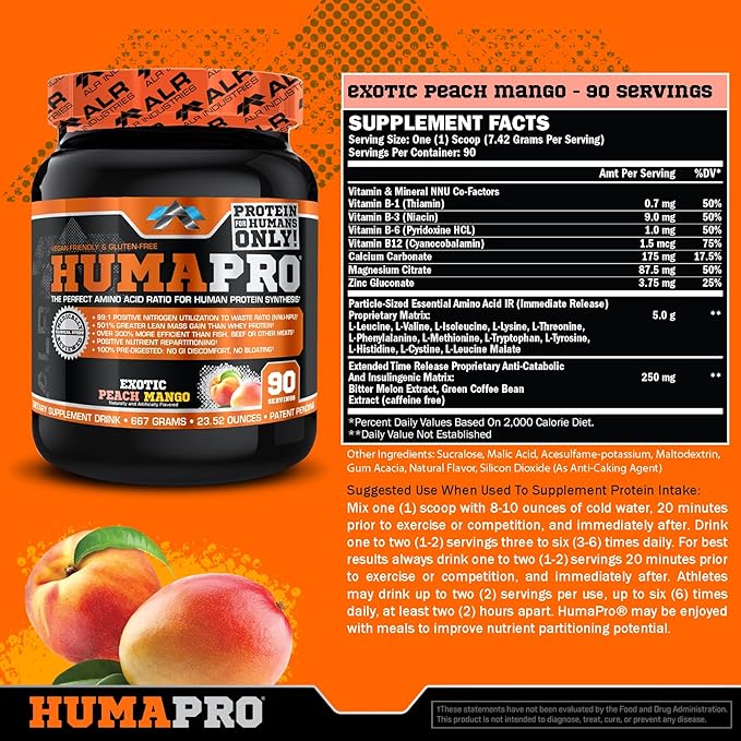 Humapro | Amino Acids Protein Matrix for Humans | 99% Utilization for Lean Muscle | Vegan Gluten Free | 90 Servings (Exotic Peach Mango)