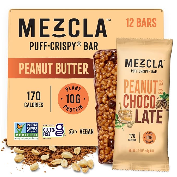 Mezcla Puff-Crispy Plant Based Protein Bars - Peanut Butter Chocolate - Healthy Snacks for Adults &amp Kids - Perfect School Travel &amp Office Snacks - Gluten Free Vegan Non GMO 10g Protein -