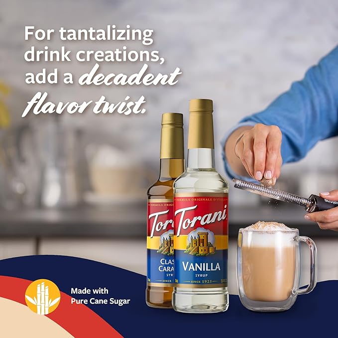 Torani Syrups Classic Caramel and Vanilla Syrup Variety 2-Pack Coffee Syrups for Drinks Pumps Included 25.4 Fl Oz Ea