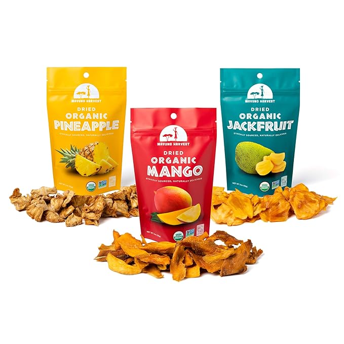 Mavuno Harvest Organic Dried Fruit Variety Pack | Dried Mango Pineapple and Jackfruit | Healthy Vegan No Sugar Added Non GMO Snacks for Kids &amp Adults | 2 Ounce Pack of 6