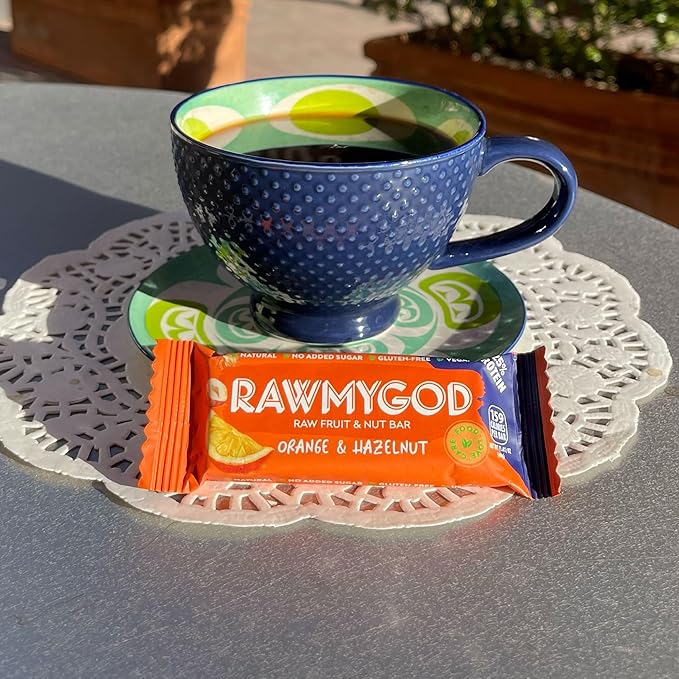 RAWMYGOD Fruit and Nut Bars Good Source of Protein (10g 25% protein content) Gluten Free Vegan No Added Sugar (16 bars Orange &amp Hazelnut)