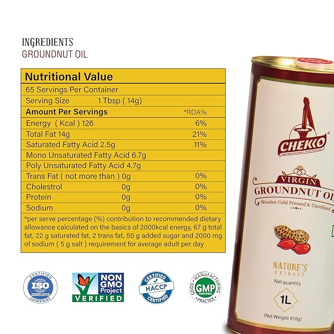 Chekko Peanut Oil Cold Pressed | 5 Liter (169 Fl Oz) | Groundnut Oil | Unrefined Wood Pressed | Pure Natural Non-GMO Cooking Oil for Deep Frying