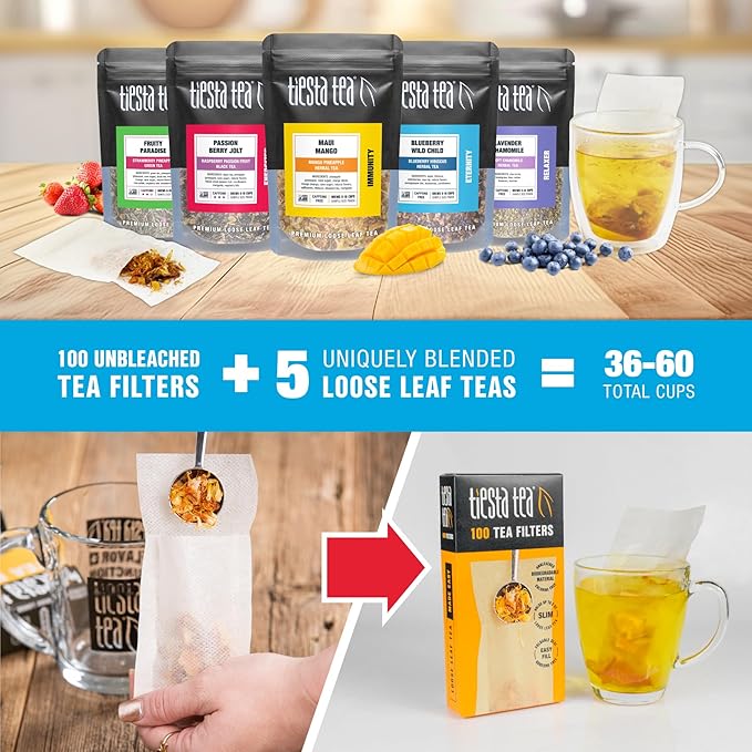 Tiesta Tea Premium Starter Loose Leaf Sampler Kit - Classic Tea Blends High to Non Caffeinated Hot &amp Iced Brews Starter Set with Black Green Herbal Sample Bags and 100 Disposable Tea Filters