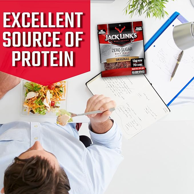 Jack Link's Beef Jerky Original Zero Sugar - Flavorful Meat Snacks Ready to Eat Protein Snacks with 13g of Protein per Serving Made with 100% Beef Keto Paleo Diet Friendly - 2.3 Oz. (Pack of 8)