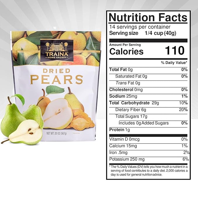 Traina Home Grown Sun Dried Pears - Healthy &amp Non-GMO Natural Sweet Flavor Fruit No Sugar Added Perfect Snack In Resealable Pouch (20 Oz)