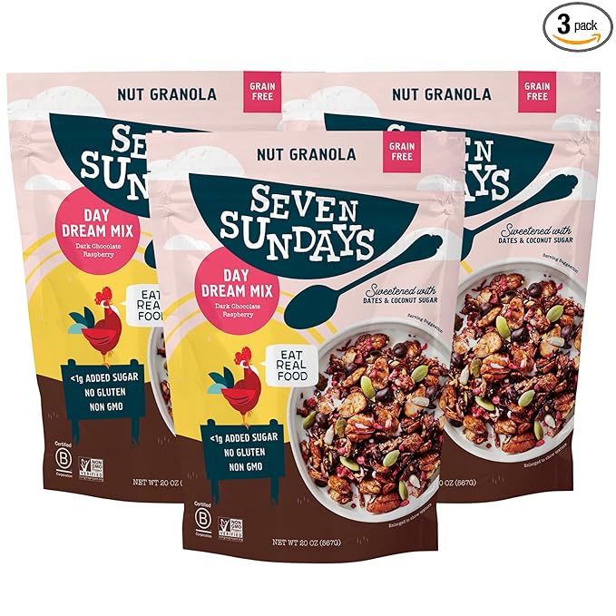 Seven Sundays Nut Granola Cereal Day Dream Dark Chocolate Raspberry 20 Oz Bag (Pack of 3) Grain &amp Gluten Free 4g Protein 5g Net Carbs Keto Friendly