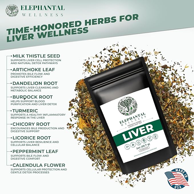 Elephantal Wellness Liver Herbal Tea – Supports Liver Detox Repair &amp Resilience | Milk Thistle Artichoke Leaf Dandelion Root &amp Burdock | Caffeine-Free Loose Leaf Herbal Tea – 2oz 20 Servin