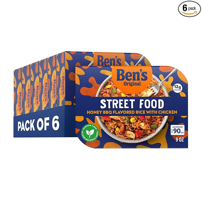 BEN'S ORIGINAL Street Food Honey BBQ Flavored Rice with Chicken Prepared Entrée Microwavable Heat-&amp-Eat Bowl in 90 Seconds 9 oz (Pack of 6)
