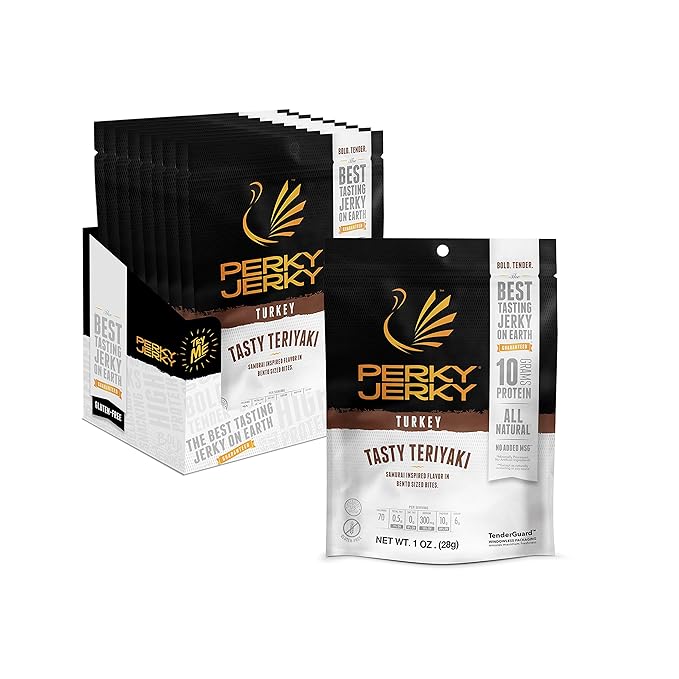 Perky Jerky Tasty Teriyaki Turkey Jerky 1oz (Pack of 12) - Low Sodium - 10g Protein per Serving - Low Fat - 100% U.S. Sourced - Tender Texture