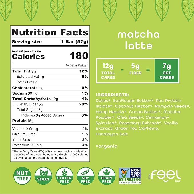 Feel Vegan Protein Bars Energize 65mg Caffeine 15g Plant Protein Organic Snack Low Sugar Low Carb Gluten Free Dairy Nut Grain Soy Free Matcha Latte 10 Pack