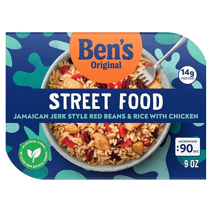 BEN'S ORIGINAL Street Food Jamaican Jerk Style Beans &amp Rice with Chicken Prepared Entrée Microwavable Heat-&amp-Eat Bowl in 90 Seconds 9 oz (Pack of 6)